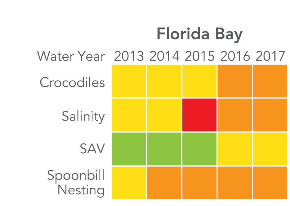 Florida Bay: Crocodiles rated "fair" 2013 to 2015, and "poor" 2016 to 2017. Salinity rated "fair" 2013 to 2014, "very poor" 2015, and "poor" 2016-2017. SAV rated "good" 2013 to 2015, and "fair" 2016 to 2017. Spoonbill nesting rated "fair" in 2013, and "poor" 2014 to 2017. 